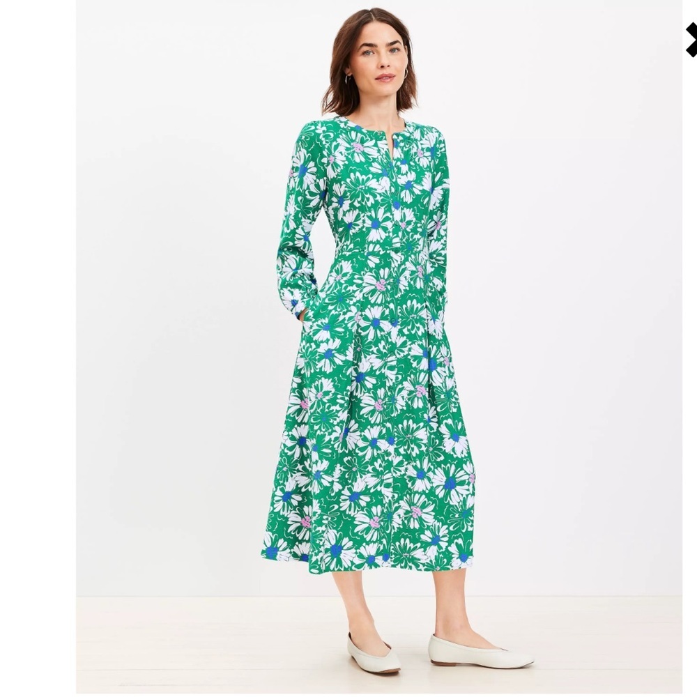 LOFT Green & White Floral Long Sleeve Midi Dress